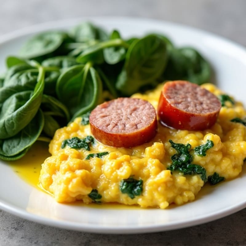 Egg White and Turkey Sausage Scramble with Sautéed Spinach