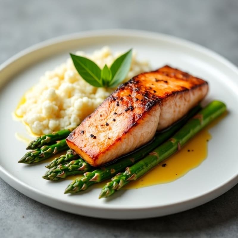 Seared Salmon with Steamed Asparagus and Cauliflower Mash
