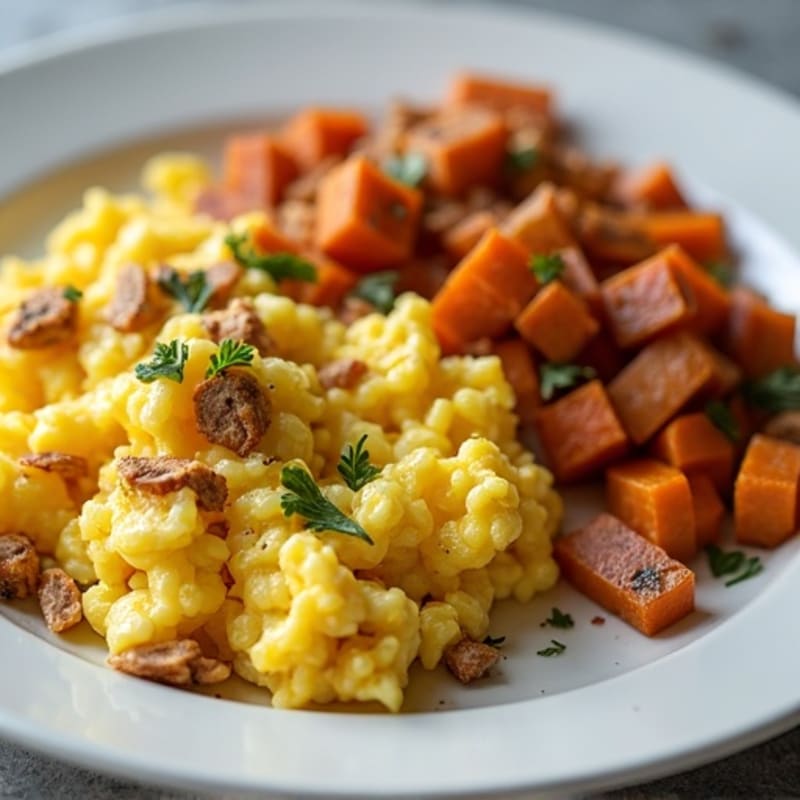 Scrambled Eggs with Ground Turkey, Sweet Potato Hash and Sautéed Onions