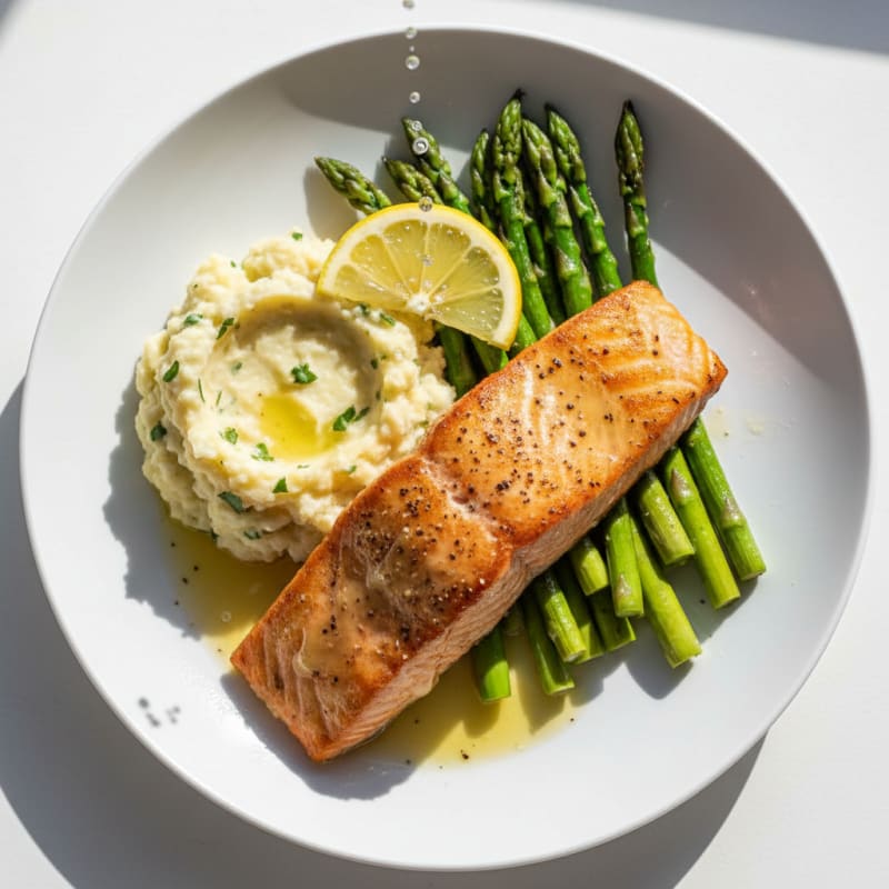 Seared Salmon with Roasted Asparagus and Garlic Mashed Cauliflower