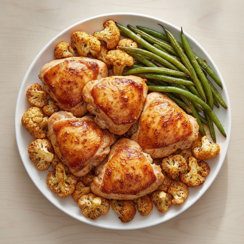Oven-Baked Chicken Thighs with Roasted Cauliflower and Green Beans