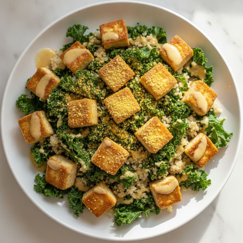 Crispy Tofu and Quinoa Salad with Lemon Tahini Dressing