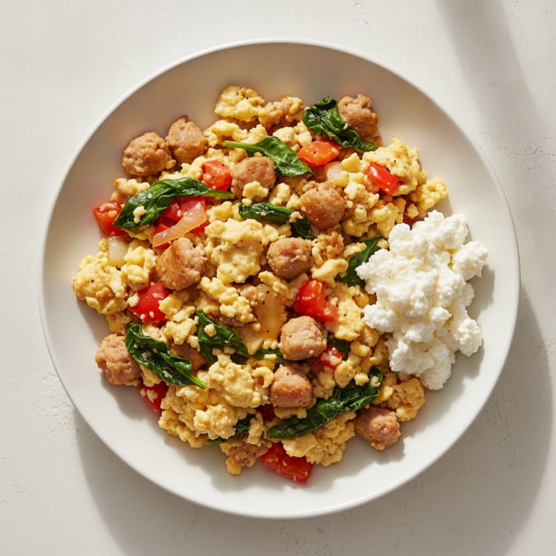 Egg White and Turkey Sausage Veggie Scramble with Cottage Cheese