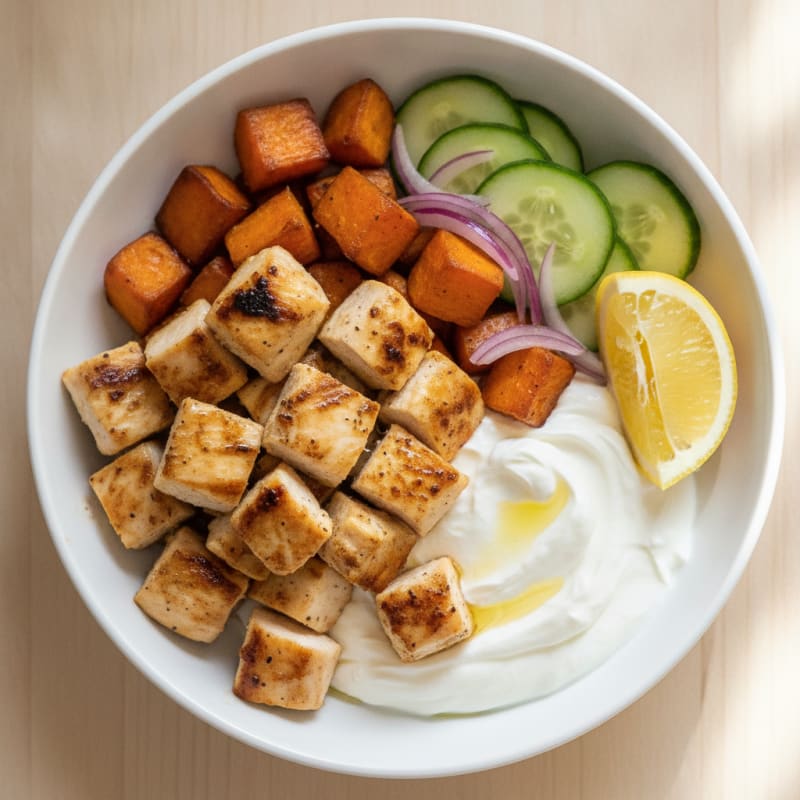 Grilled Chicken and Greek Yogurt Bowl with Roasted Carrots and Cucumber