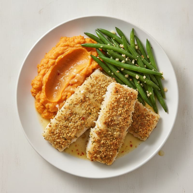 Crispy Baked Cod with Garlic Green Beans and Sweet Potato Mash