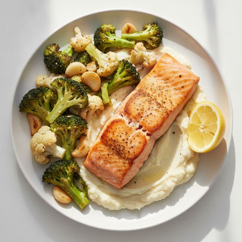 Seared Salmon Fillet with Garlic Roasted Broccoli and Cauliflower Mash