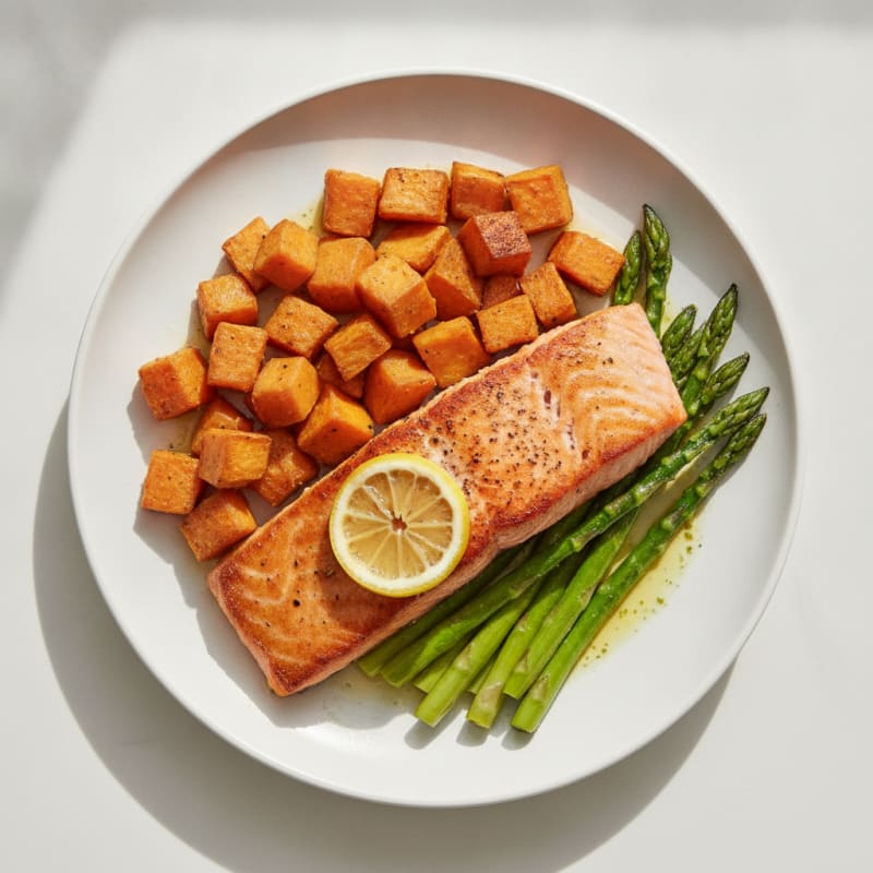 Seared Salmon with Roasted Sweet Potato and Asparagus
