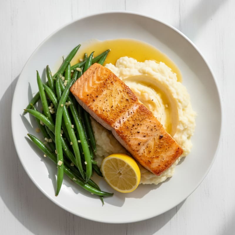 Seared Salmon with Garlic Green Beans and Cauliflower Mash
