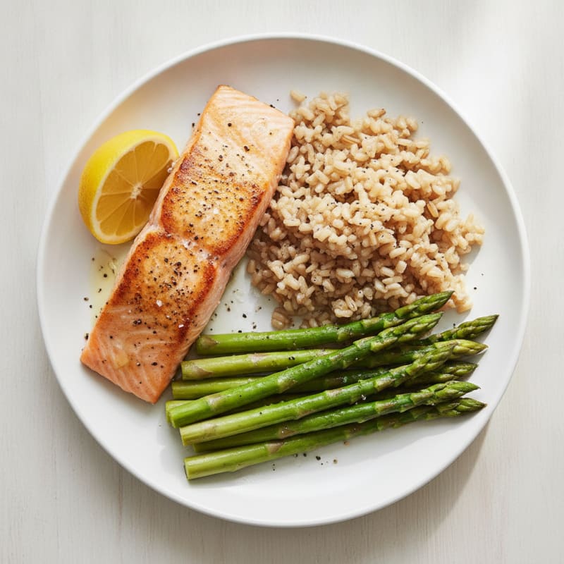 Seared Salmon with Steamed Asparagus and Brown Rice