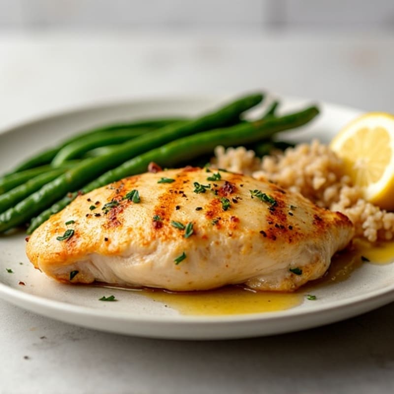 Lemon Garlic Roasted Chicken with Crispy Green Beans and Brown Rice
