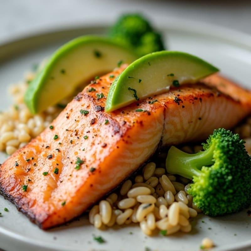 Seared Salmon with Herb Brown Rice and Steamed Broccoli