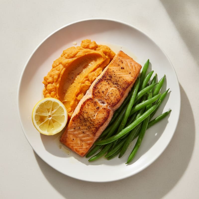Seared Salmon with Steamed Green Beans and Sweet Potato Mash
