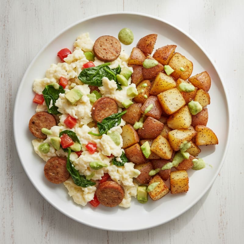 Egg White and Chicken Sausage Scramble with Roasted Potatoes