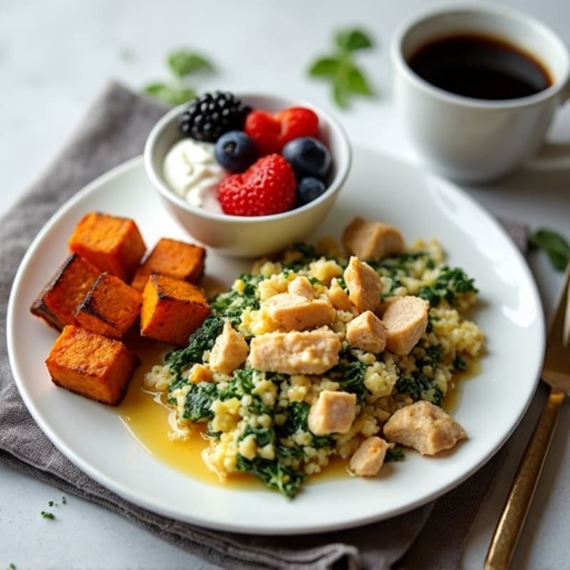 Egg White and Spinach Scramble with Greek Yogurt, Fresh Berries & Chicken