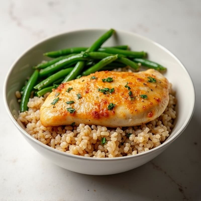 Lemon-Garlic Roasted Chicken and Crispy Green Bean Rice Bowl