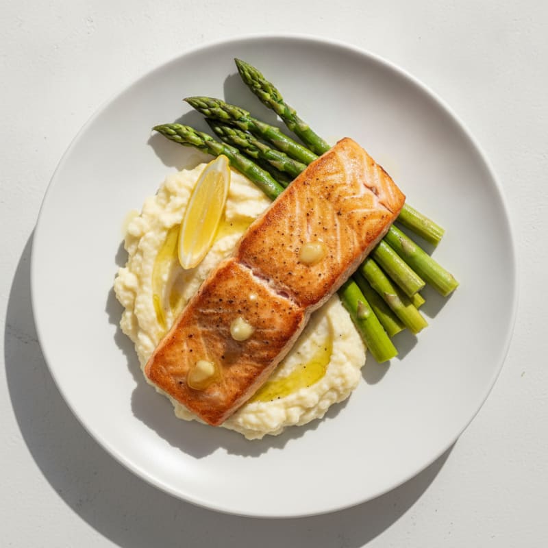Seared Salmon with Steamed Asparagus and Cauliflower Mash