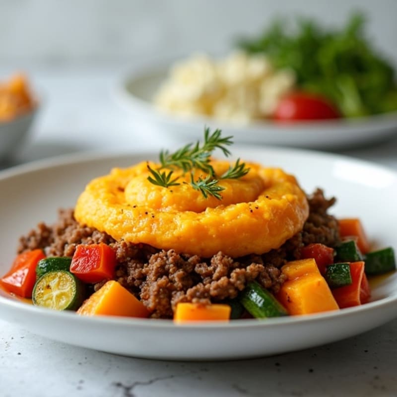 Lean Ground Beef and Vegetable Bake with Creamy Sweet Potato Topping