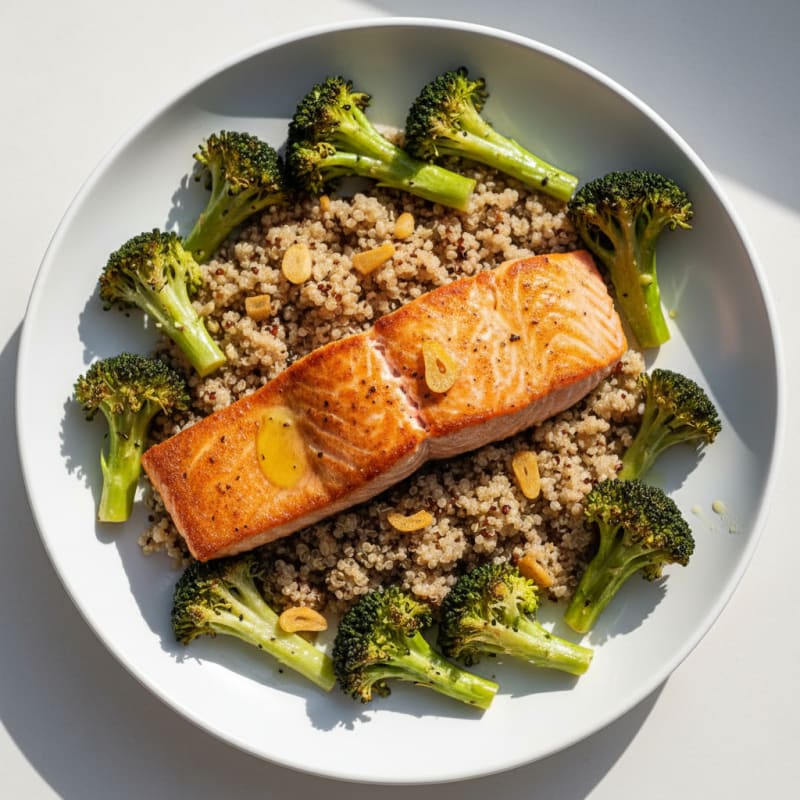 Seared Salmon with Roasted Broccoli and Quinoa