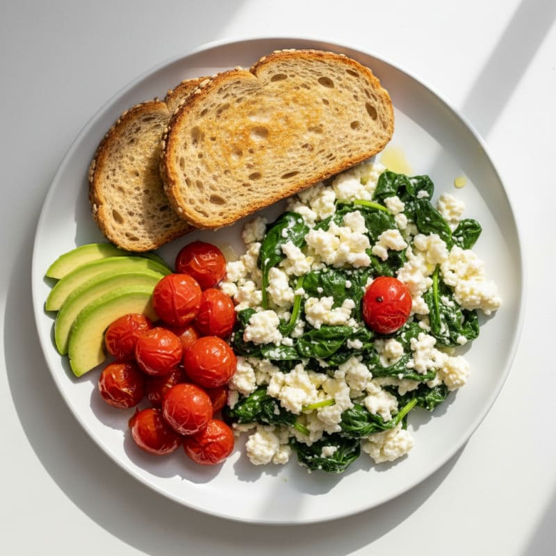 Egg White and Cottage Cheese Scramble with Sautéed Spinach and Tomatoes