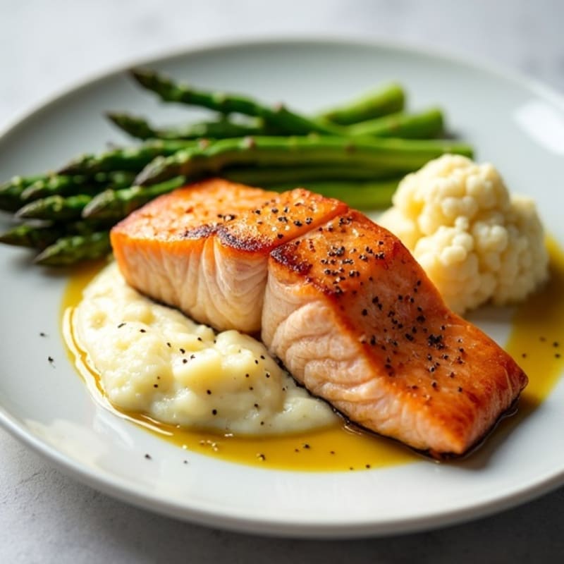 Seared Salmon Fillet with Steamed Asparagus and Cauliflower Mash