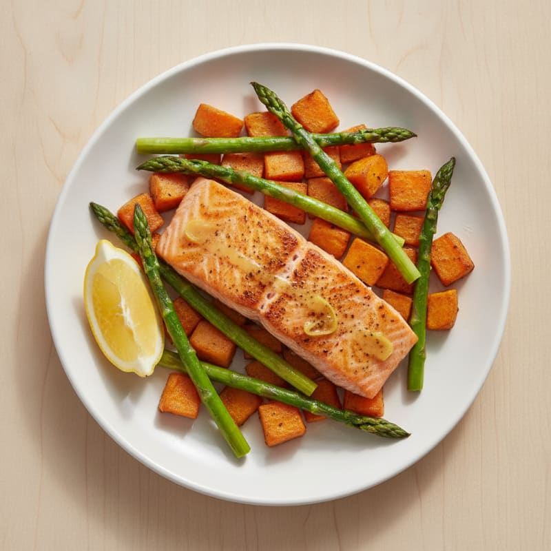 Seared Salmon Fillet with Roasted Sweet Potato and Asparagus