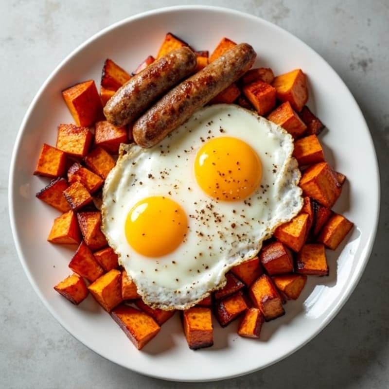 Sheet Pan Eggs with Roasted Sweet Potato and Chicken Sausage