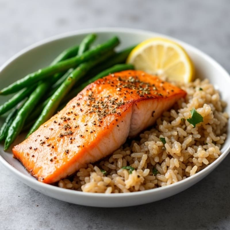 Seared Salmon Fillet with Garlic Green Beans and Brown Rice