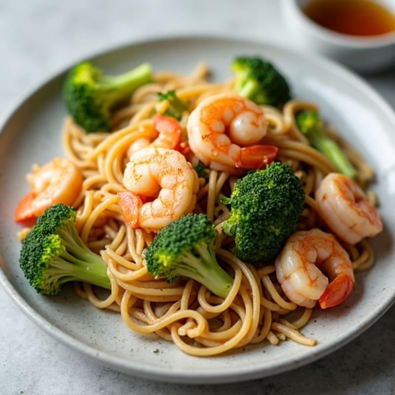 Garlicky Shrimp with Roasted Broccoli and Whole Wheat Pasta