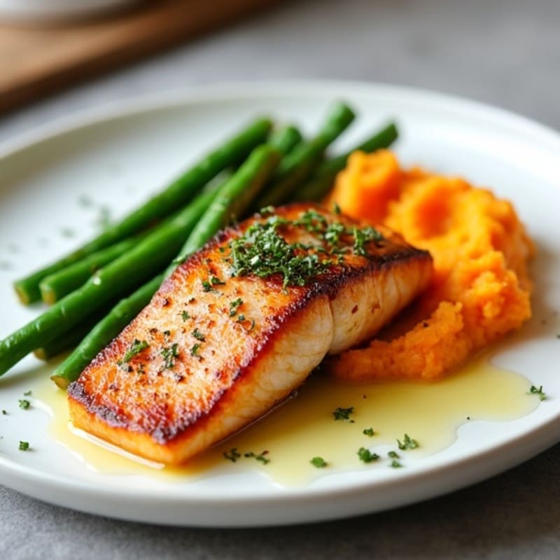 Seared Salmon with Steamed Green Beans and Sweet Potato Mash