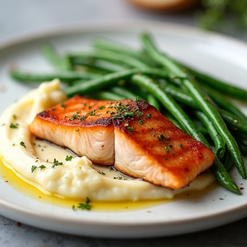 Seared Salmon Fillet with Garlic Green Beans and Cauliflower Mash