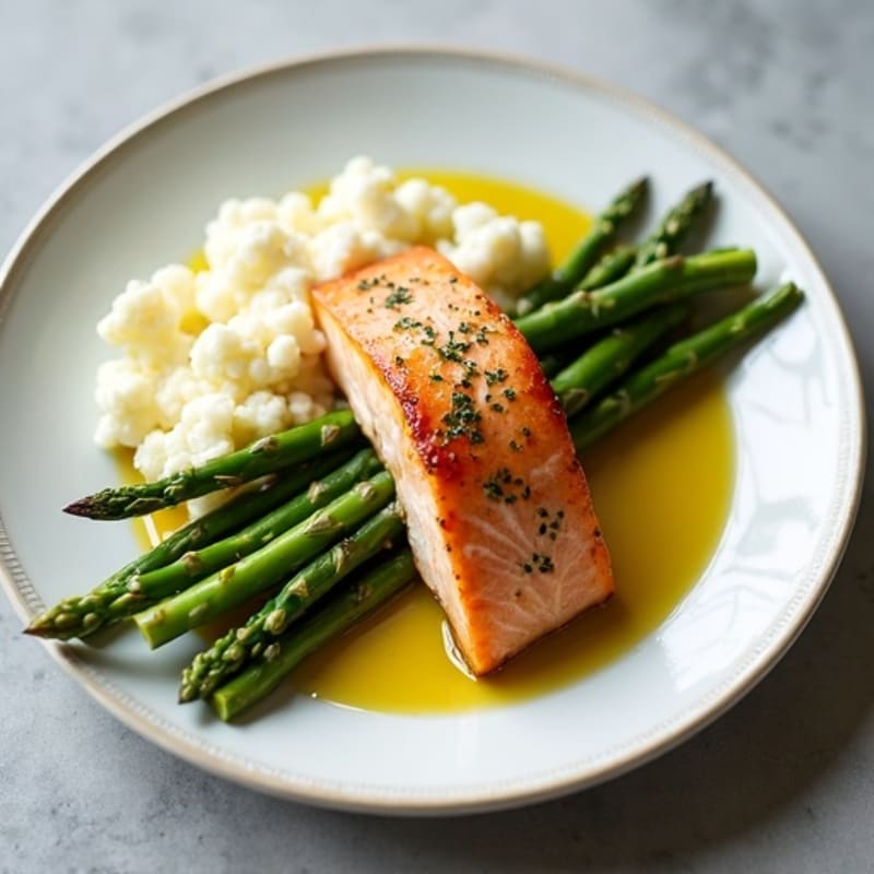 Seared Salmon with Steamed Asparagus and Cauliflower Mash