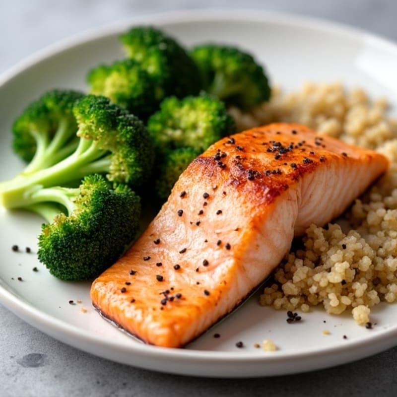 Seared Salmon with Steamed Broccoli and Quinoa