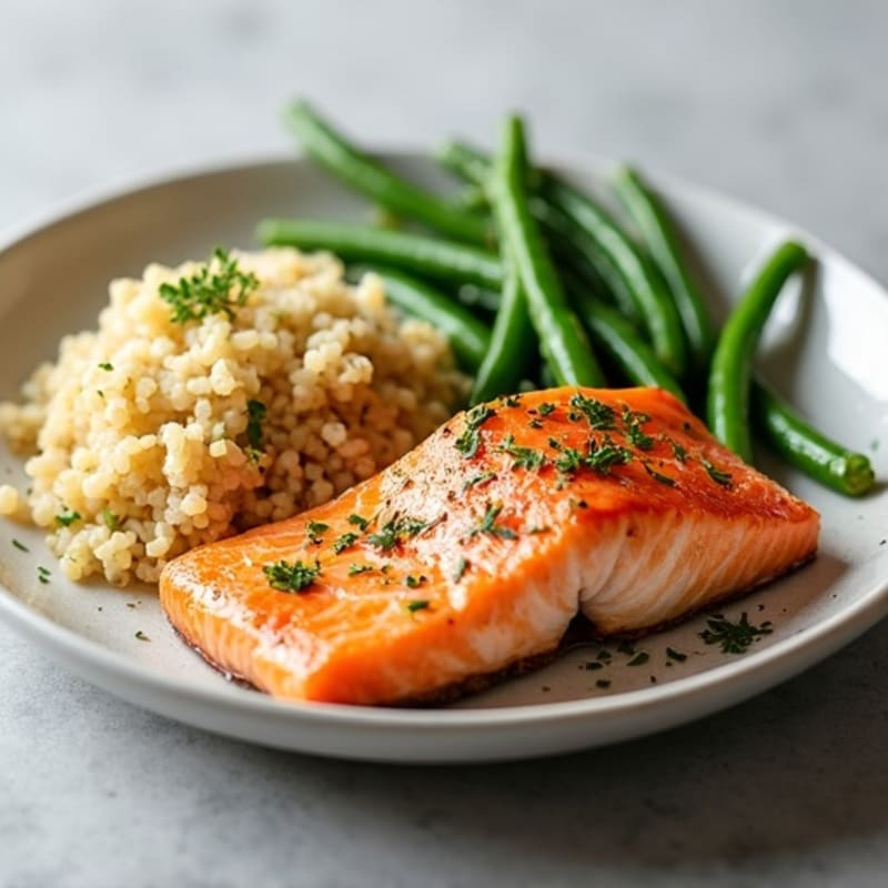 Seared Salmon with Garlic Green Beans and Quinoa