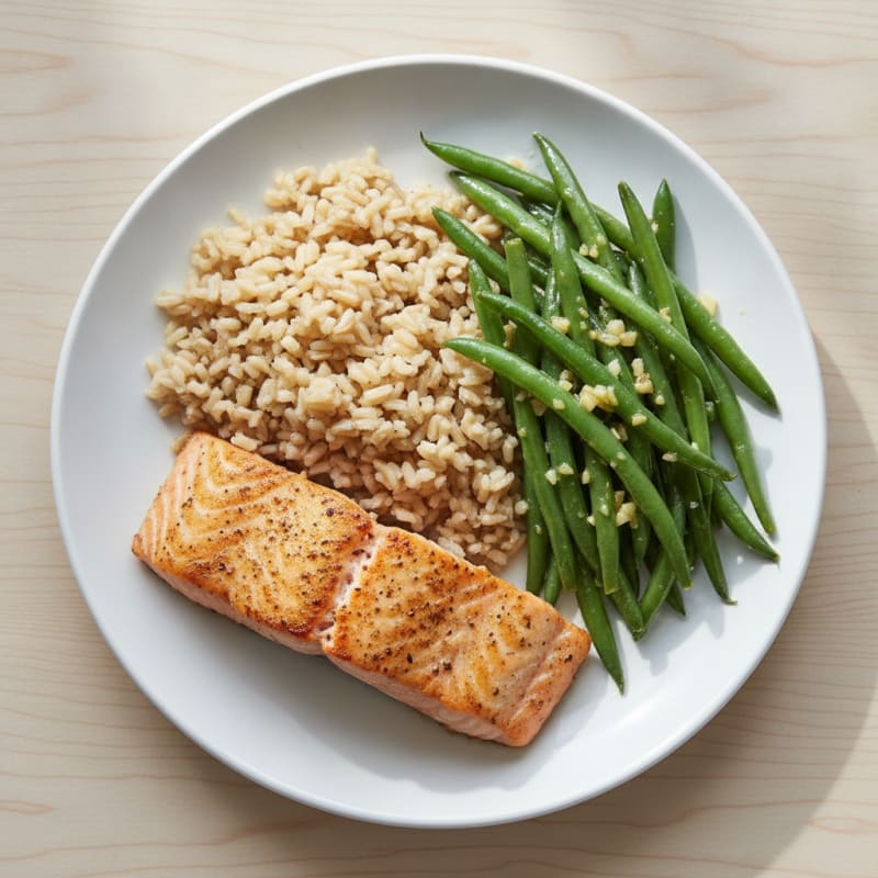 Seared Salmon with Garlic Green Beans and Brown Rice