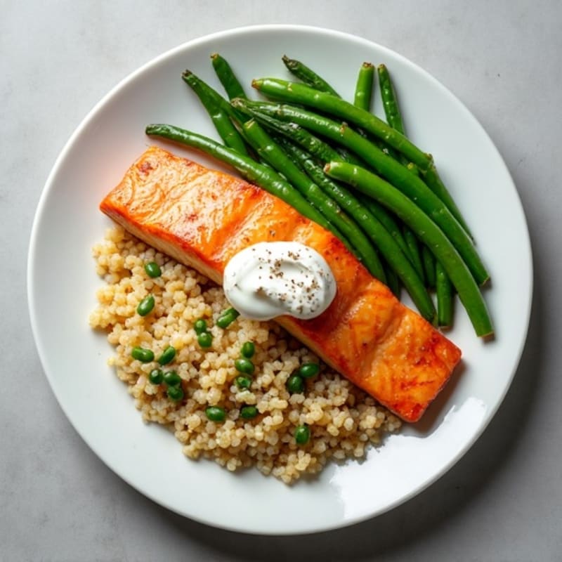 Seared Salmon Fillet with Garlic Green Beans and Quinoa