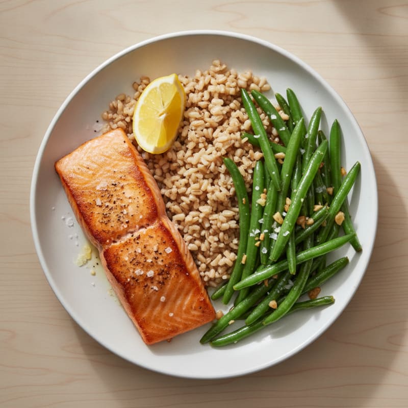 Seared Salmon with Garlic Green Beans and Brown Rice