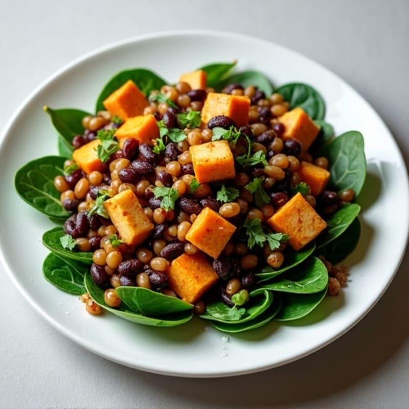 Lentil and Black Bean Stir Fry with Sautéed Spinach