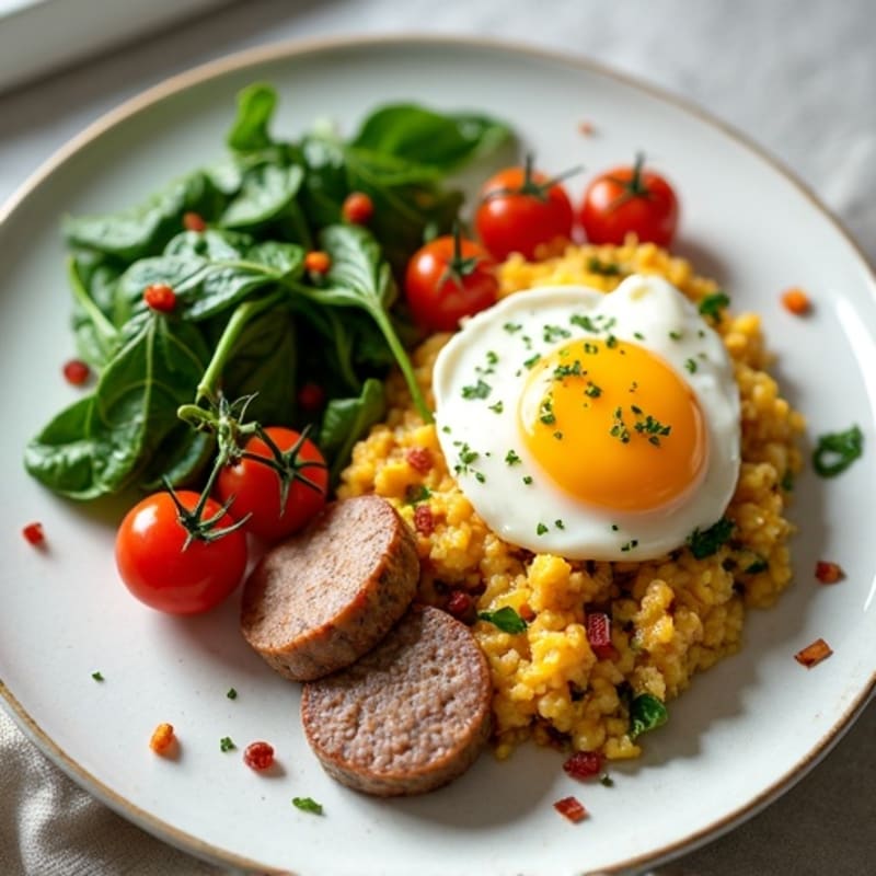 Egg White and Turkey Sausage Scramble with Sautéed Spinach