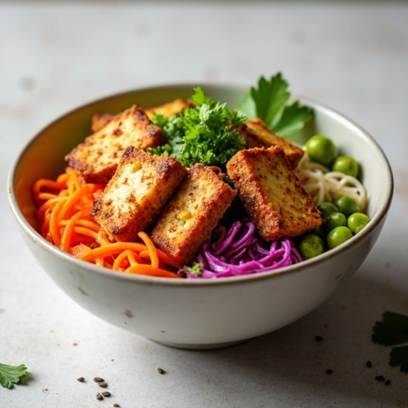 Crispy Tofu Noodle Bowl with Peanut Sauce