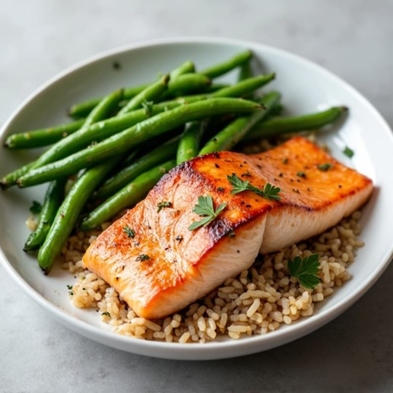 Seared Salmon Fillet with Garlic Green Beans and Brown Rice