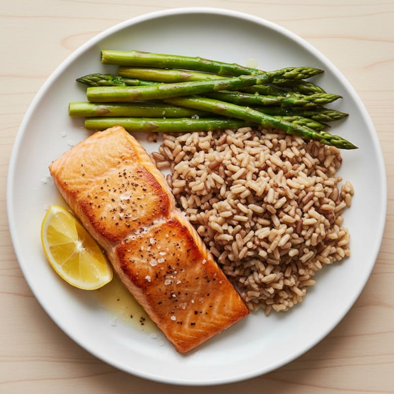 Seared Salmon with Steamed Asparagus and Brown Rice