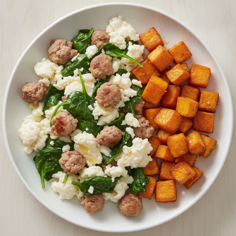 Egg White and Turkey Sausage Scramble with Spinach and Roasted Sweet Potato