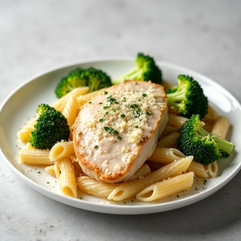 Creamy Chicken Alfredo with Whole Wheat Pasta and Roasted Broccoli