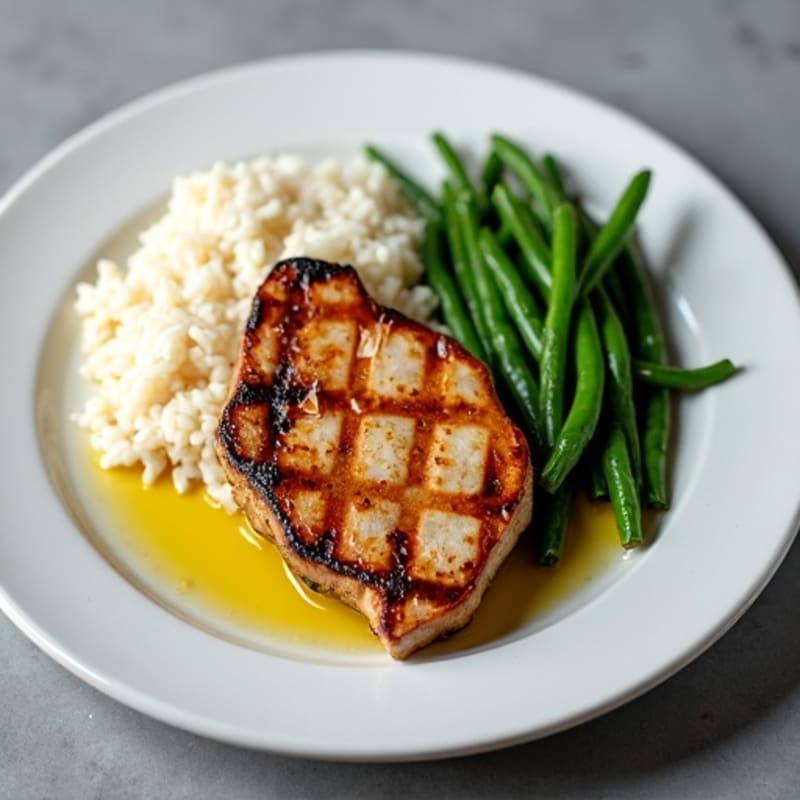 Grilled Pork Chop with Rice and Steamed Green Beans