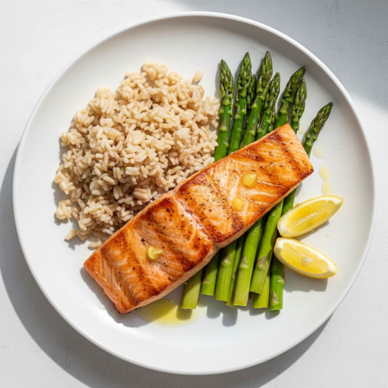 Seared Salmon Fillet with Steamed Asparagus and Brown Rice