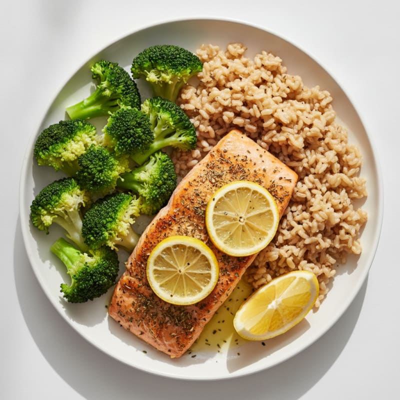 Baked Salmon with Steamed Broccoli and Brown Rice