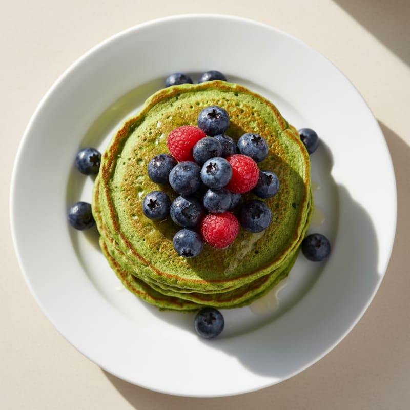 Fluffy Green Spinach Pancakes with Berries