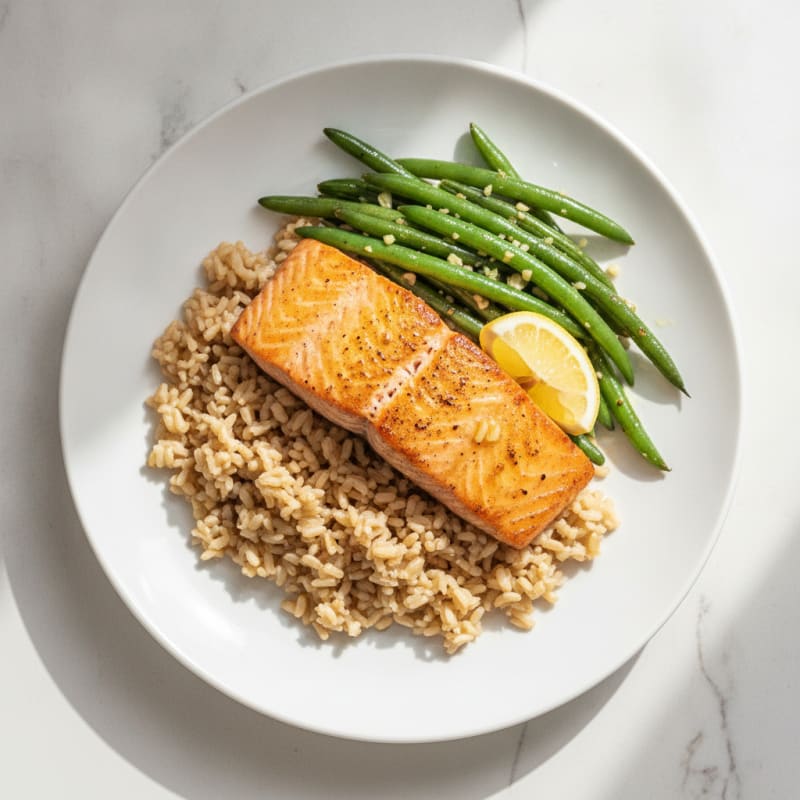 Seared Salmon with Brown Rice and Garlic Green Beans