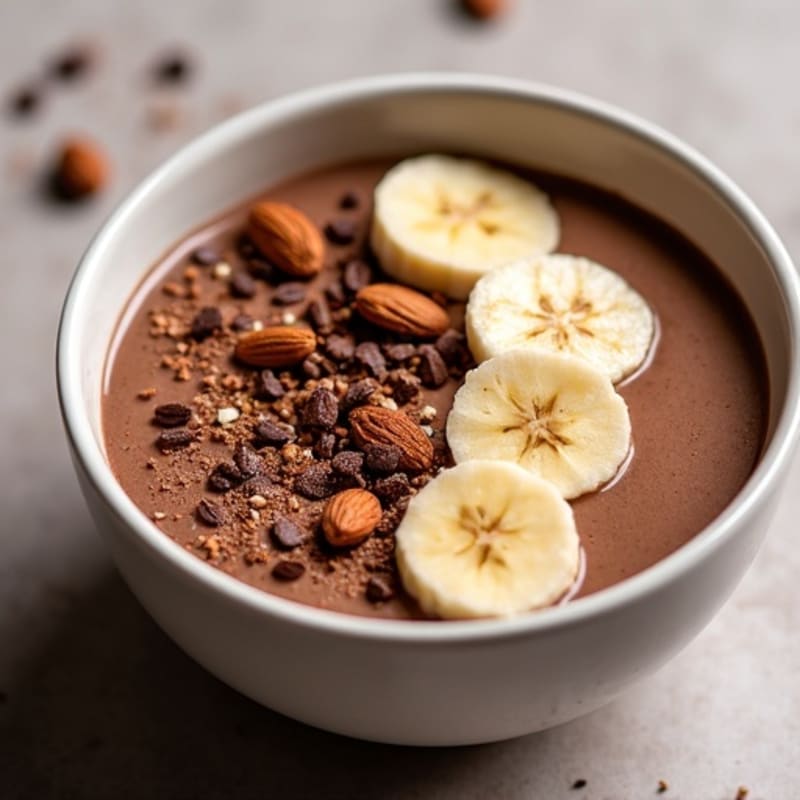 Thick Chocolate Protein Smoothie Bowl with Crunchy Almonds and Cacao Nibs