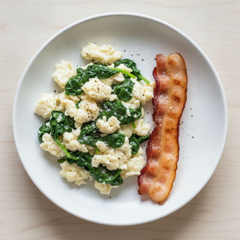 Egg White Spinach Scramble with Grilled Turkey Bacon